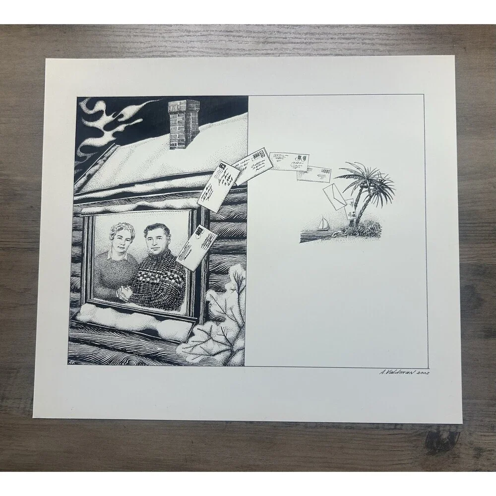 Original Alexander Valdman 2002 Signed Pen & Ink Drawing - Snowy Cabin Couple